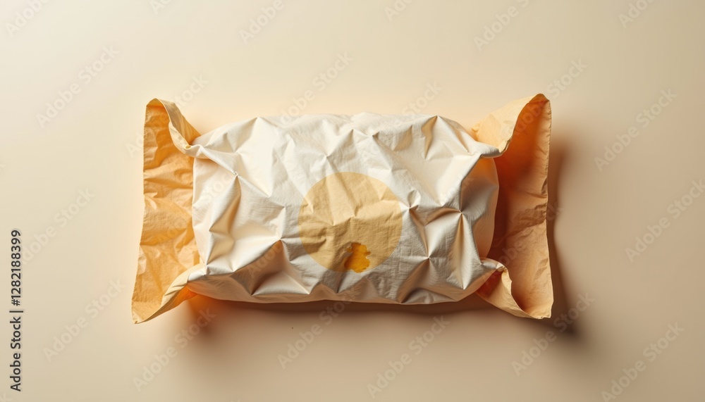 Poster a crumpled paper burger wrap with subtle grease stains, isolated on a neutral background with high d