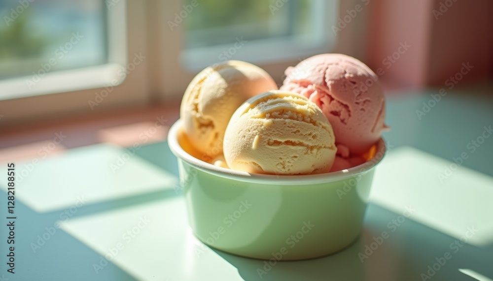 Aufkleber A close-up of a colorful ice cream cup filled with two scoops of ice cream, with subtle shadows and simple composition and copy space