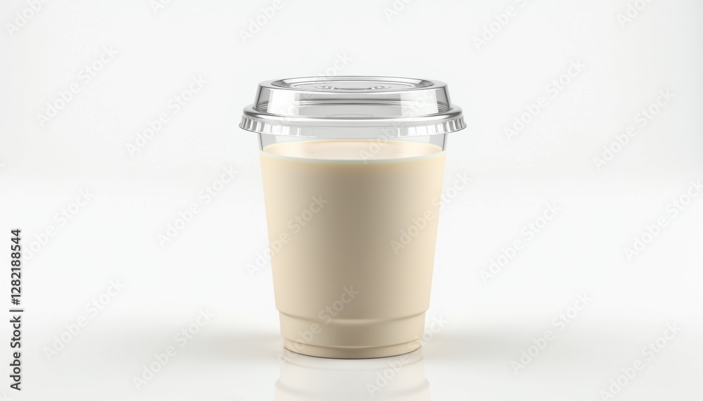 Poster a clear plastic ice cream cup with a transparent lid, isolated on a clean white background with high