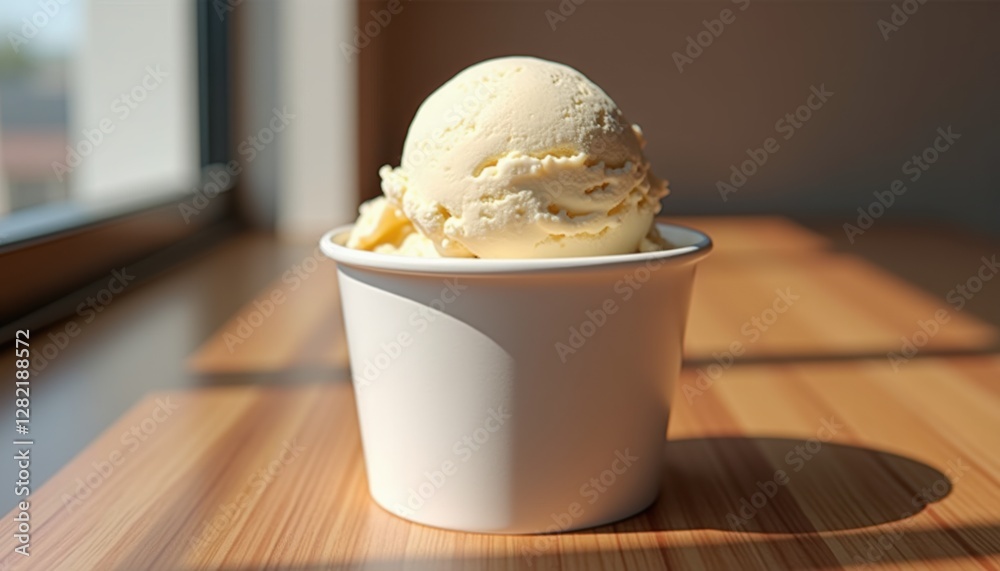 Poster a realistic ice cream cup mockup with a partially melted scoop of ice cream, sitting on a wooden tab