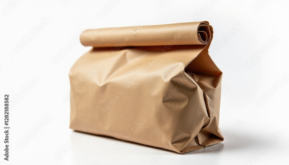 Poster a plain brown paper sandwich bag, partially opened with a clean fold, isolated on a white background
