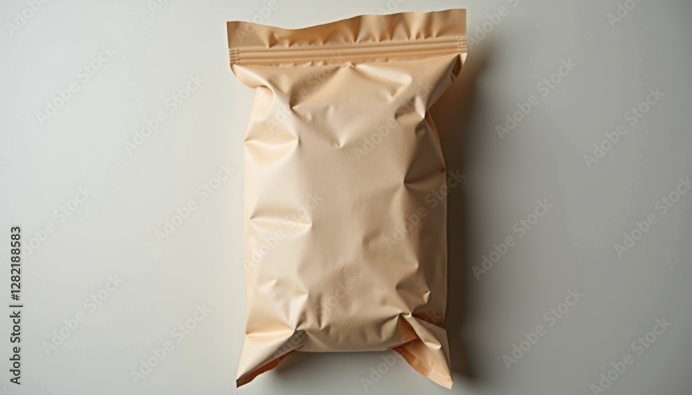 Poster a crumpled paper sandwich bag, lying flat on a neutral surface with simple and realistic composition