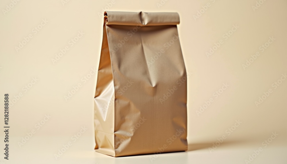 Poster a close-up of a folded brown paper sandwich bag, standing upright with subtle creases, isolated on a