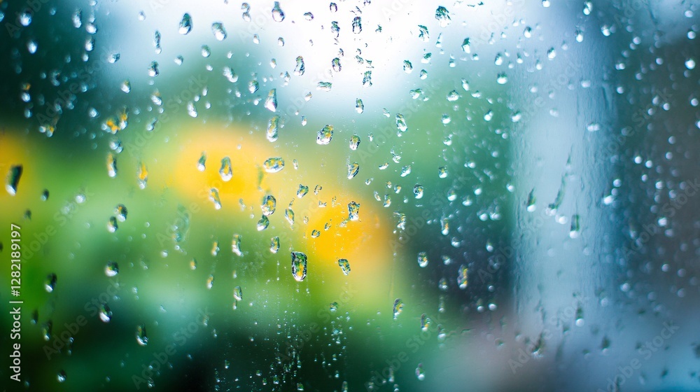 Poster rain drops falling on window glass with blurred background