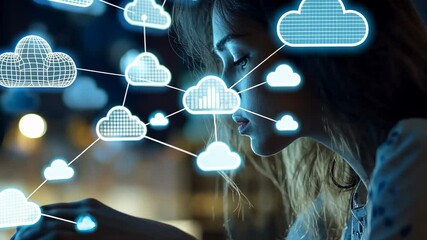 Cloud Computing Technology, Woman Using Laptop with Cloud Network Interface - Powered by Adobe