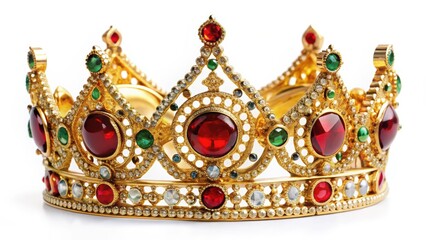 Fototapeta premium Gold Crown with Red and Green Gemstones on White Background