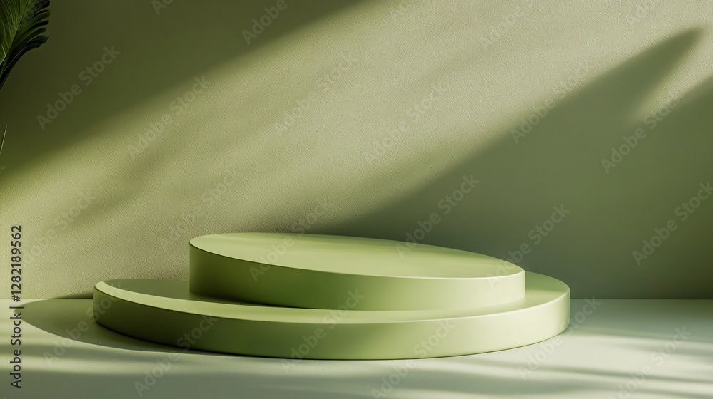 Aufkleber two empty round green podiums are displaying product packaging on a green background with plant shad