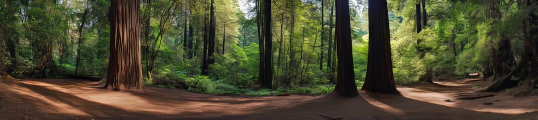 Obraz premium A panoramic photograph of an enchanting forest with tall trees and lush green foliage.