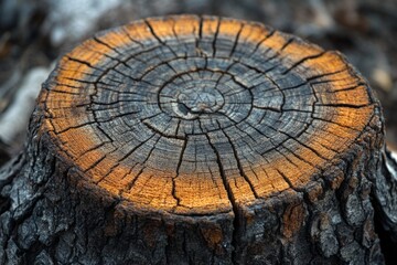 Detailed view of a tree stump showcasing growth rings in a natural setting during midday
