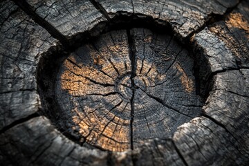 Detailed close-up of a charred wooden log with striking textures and patterns in natural light