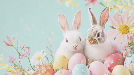 Obraz premium Two adorable rabbits sitting among pastel Easter eggs and spring flowers with a soft turquoise background