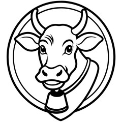 Brown Cow with Bell - Vector Illustration, Clipart & Line Art on White Background, Brown cow with a bell vector illustration, perfect for clipart, cartoons, and line art designs.