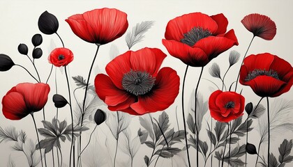 black and red flowers on white background greeting card design minimalistic floral botanical illustration vertical poster with poppy flowers interior decor