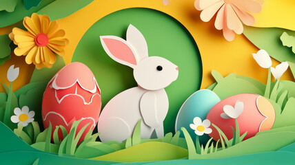 Obraz premium Easter Paper Cut Illustration with Bunny and Decorative Eggs
