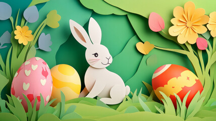 Obraz premium Easter Paper Cut Illustration with Cute Bunny and Colorful Eggs