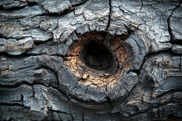 Unique texture and patterns of a weathered tree trunk with a hollow opening showcasing natural erosion effects
