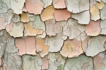 Fototapeta premium Textured wall with pastel-colored peeling paint showing signs of age and weathering in an outdoor setting