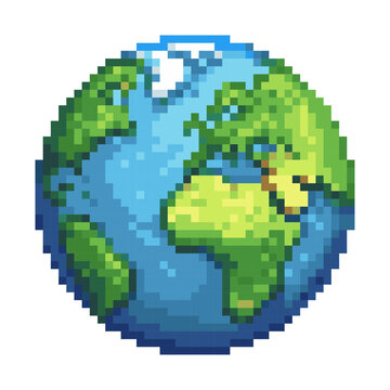 Pixel art icon of the Earth. 2D game asset. 8-bit style logo. video game graphics. isolated on white background. retro gaming aesthetic. vector graphics.