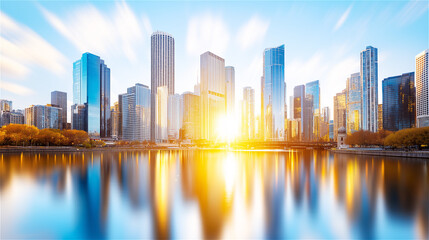 Fototapeta premium A modern urban cityscape featuring skyscrapers reflecting the bright golden sunset, showcasing the growth of contemporary cities in a vibrant metropolitan environment.