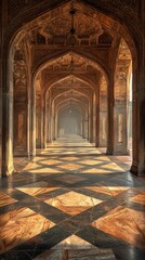 Fototapeta premium Grand mosque hallway with ornate arches, checkered floor, soft light, architectural study