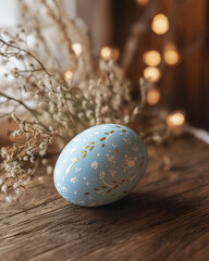 Obraz premium Hand-painted blue Easter egg with gold details on rustic wood