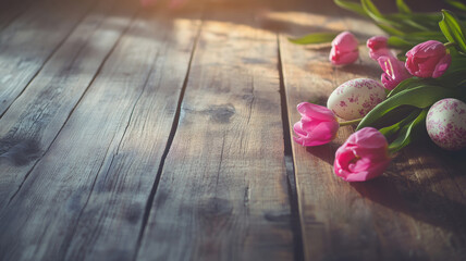 Rustic Easter Composition with Pink Tulips and Painted Eggs on Wooden Plank