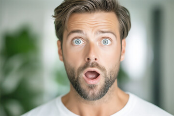 Obraz premium A man stares at the camera with raised eyebrows, his face showing astonishment, set against a soft blurred background that draws attention to his surprised expression.