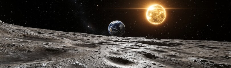 Fototapeta premium View of Earth and the Moon with the Sun in the background, deep space, stars, black sky, the planet Earth and the Moon.