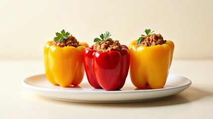 Stuffed bell peppers on a white plate with ground meat and herbs on a light background