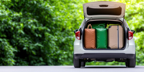 SUV car with open trunk, packed luggage bags stacked inside, car in the house driveway. Preparing for a long family road trip.