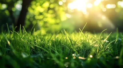 Naklejka premium Sunlit Trees and Green Grass: A Serene Nature Scene