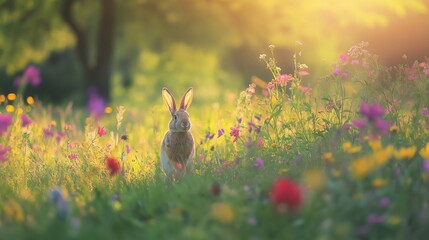 gentle bunny, hopping through a garden of wildflowers with its ears perked up, set against a vibrant green field with the soft light of the early morning sun