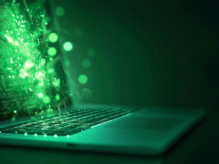 Green digital data flowing from a laptop keyboard, symbolizing cybersecurity, artificial intelligence, and technological advancement.
