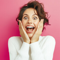 A woman with a surprised expression holds her face with both hands, showing a mix of amazement and awe against a vibrant yellow background.
