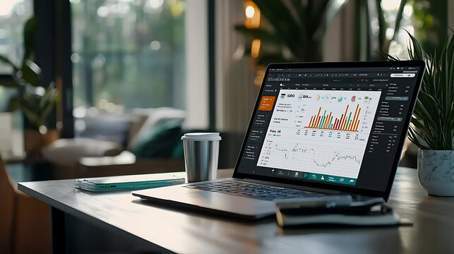 A laptop is open on a desk with a cup of coffee next to it. generated using AI