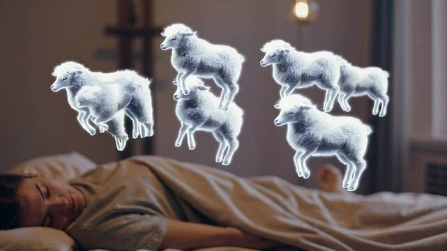 Luminous sheep gracefully leaping in slow motion above sleeping woman, symbolizing traditional sleep inducing technique and overcoming nighttime restlessness with whimsical, dreamlike visualization