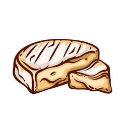 Camembert triangle slice cut from half head line icon. Outline hand drawn piece of creamy cheese ready for serving, eating and cooking. French cuisine menu mascot, Camembert icon vector illustration