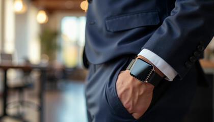 Elegant man checking smartwatch in modern office, technology lifestyle