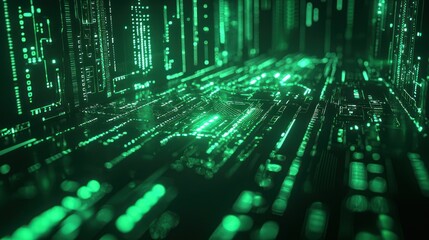 Green digital data stream flowing in cyberspace, ideal for tech backgrounds
