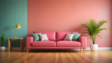 The image shows a modern living room with a bright pink sofa, yellow lamp, and potted plants. The walls are painted in a gradient of green and pink, and the floor is made of polished wood.