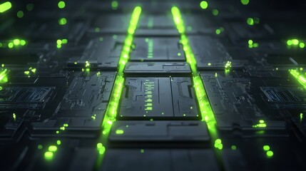 Green energy flowing through futuristic circuit board, tech background