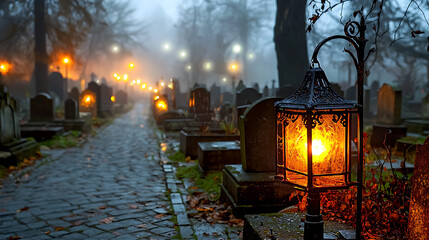 A cemetery at night with a lantern lit up. generated using AI
