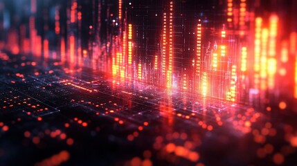 Fototapeta premium Abstract digital visualization of sound waves with vibrant red and orange lights in a tech environment