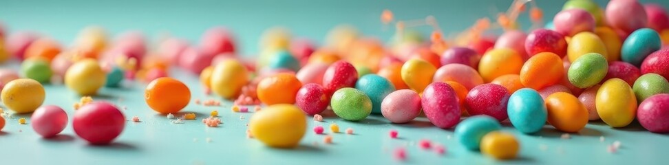 Obraz premium Vibrant jellybeans, gumdrops, & lollipops spill across a surface , vibrant, colorful texture