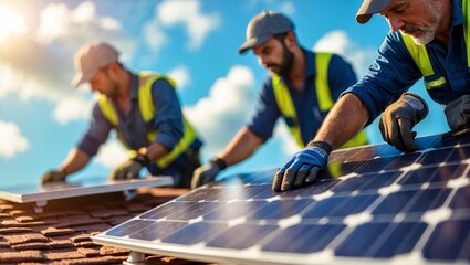 Solar panel installation on roof with skilled workers during sunny afternoon in residential neighborhood