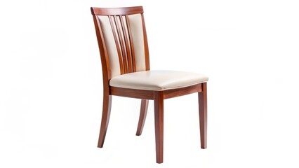 Wooden Chair with Beige Cushion, Isolated on White Background