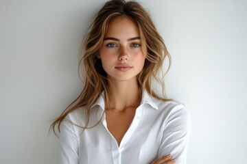 Fototapeta premium Professional Woman in White Dress Shirt – Arms Crossed Pose