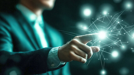 A businessperson is interacting with a digital interface, showcasing the integration of technology and business in modern operations.