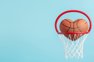 Basketball Heart, Heart-Shaped Basketball in a Hoop Against a Light Blue Background