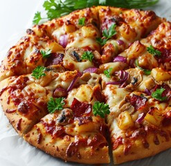Hawaiian Pizza. Classic Sweet with Tomato Sauce, Mozzarella Cheese, Juicy Pineapple, and Sliced Ham, Hawaiian Pizza Isolated on White on a Background with Copy Space